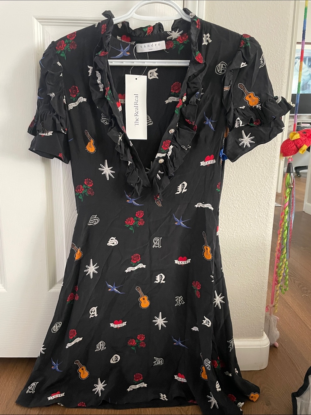 Sandro Black Ruffle V-Neck Dress with Rose & Guitar Print